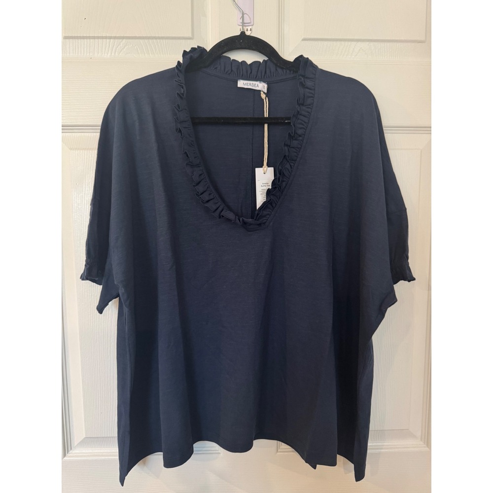 Mersea Amelia Ruffle Tee Navy Blue 100% Cotton Oversized V-Neck Top OS NWT